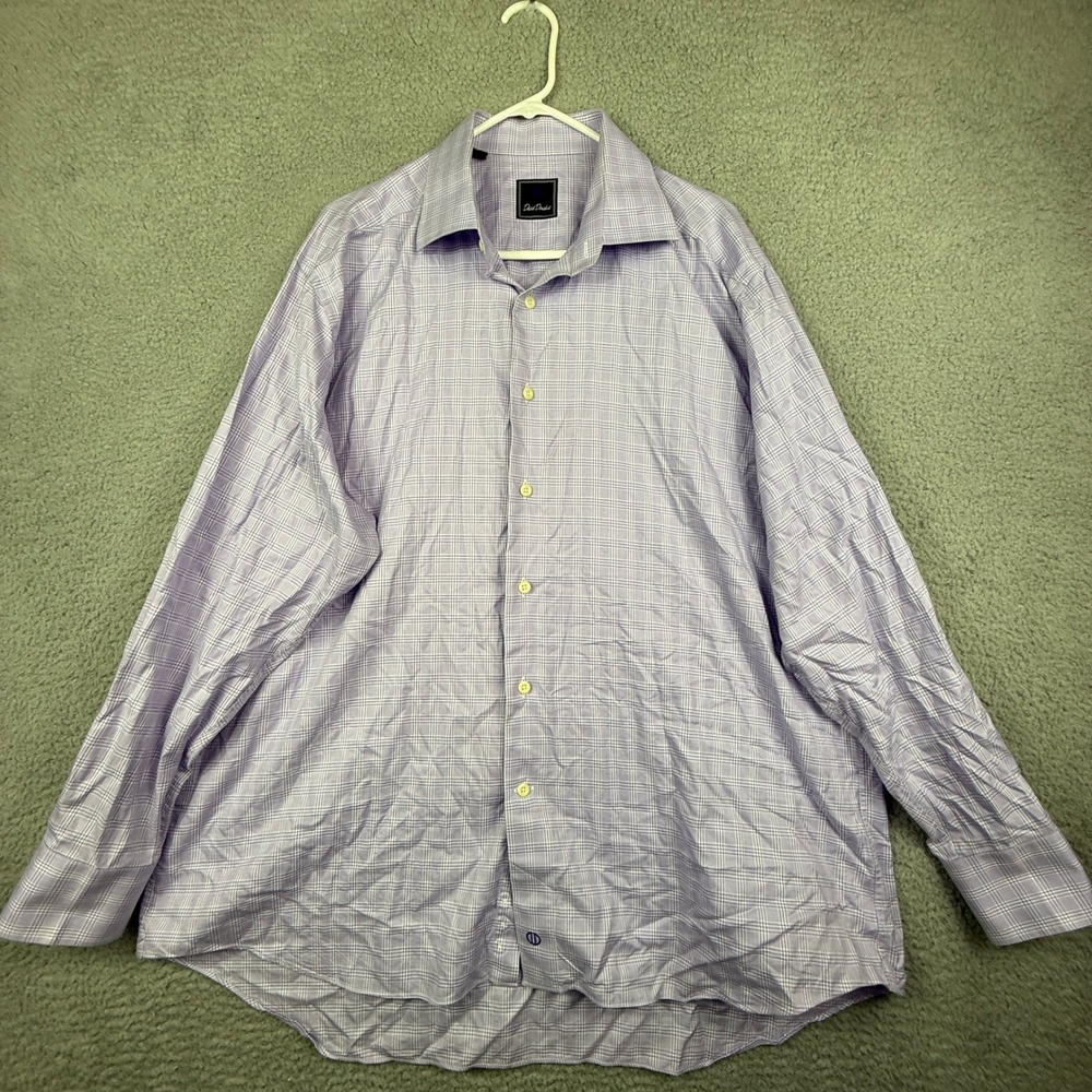 David Donahue Mens Purple Plaid Dress Shirt 18 34 35 100% Cotton Button Up